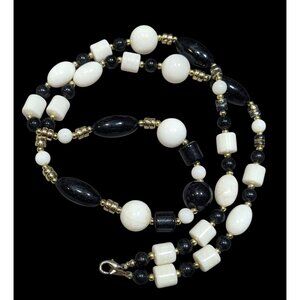 Retro Black White And Gold Tone Beaded Necklace